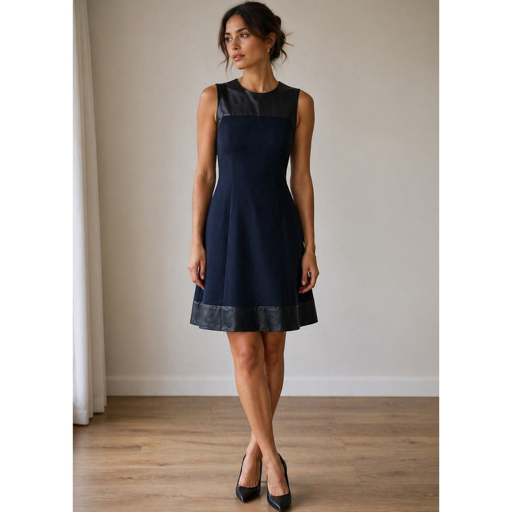 L'AGENCE 2 Fit and Flare Dress Womens Navy Black Excellent Lambskin Leather Trim